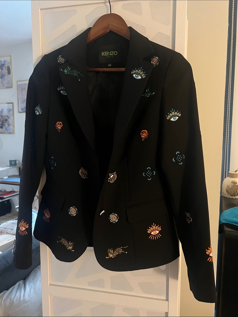 Kenzo Black Blazer with Multicolor Embroidered Motifs